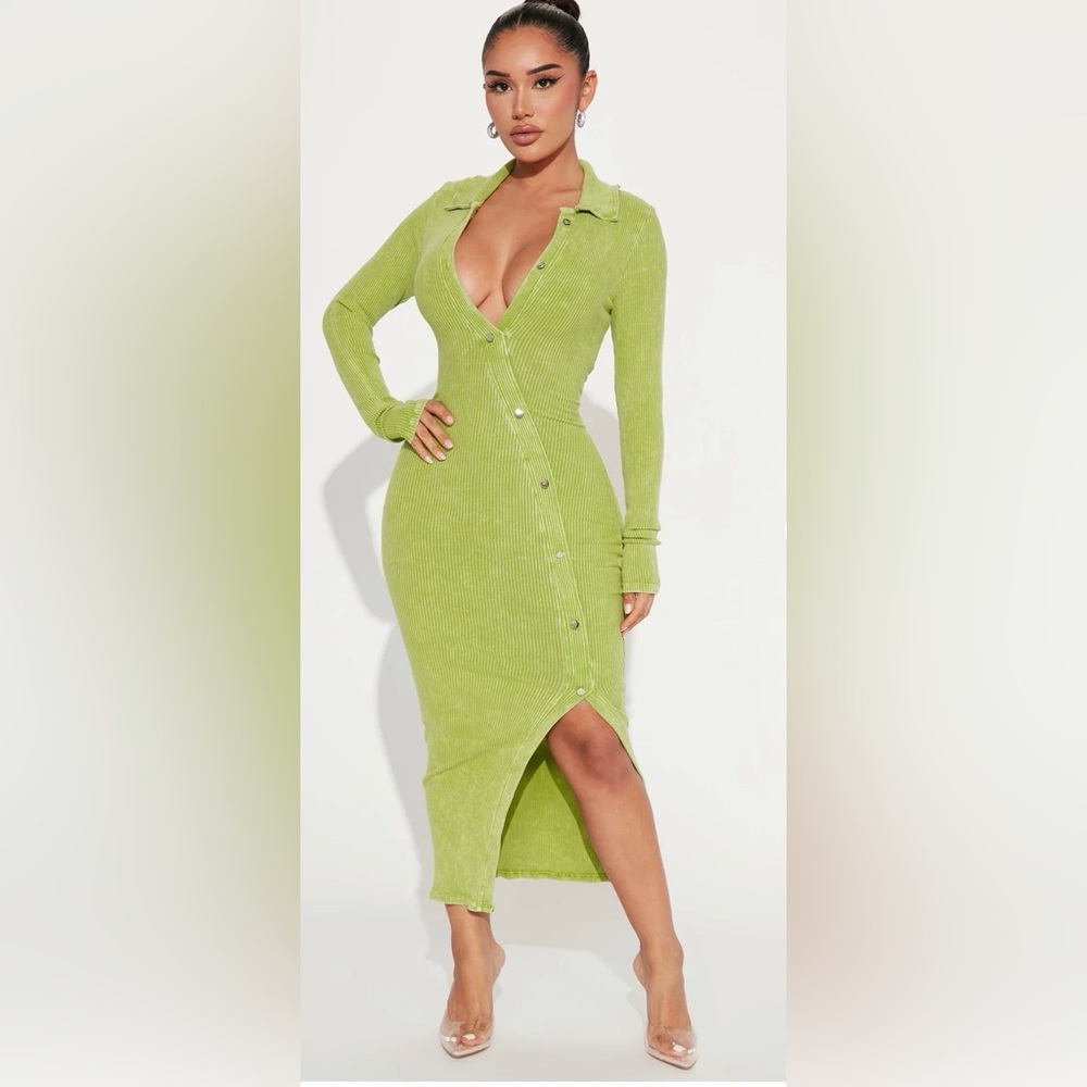 Fashion Nova Lime Ribbed Long Sleeve Dress